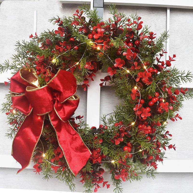 BowLift | Artifical Cherry Pattern Wreaths Christmas Wreath Red Door Wreath Wall Hanging Garland Ornaments Rattan Circle Wall Decoration