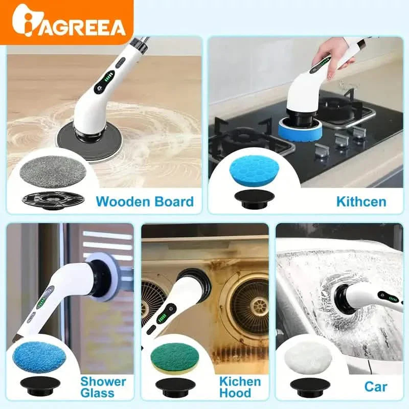 BowLift | Electric Rotating Scrubber with Replaceable 8 Brush Heads and Adjustable Extension Handle