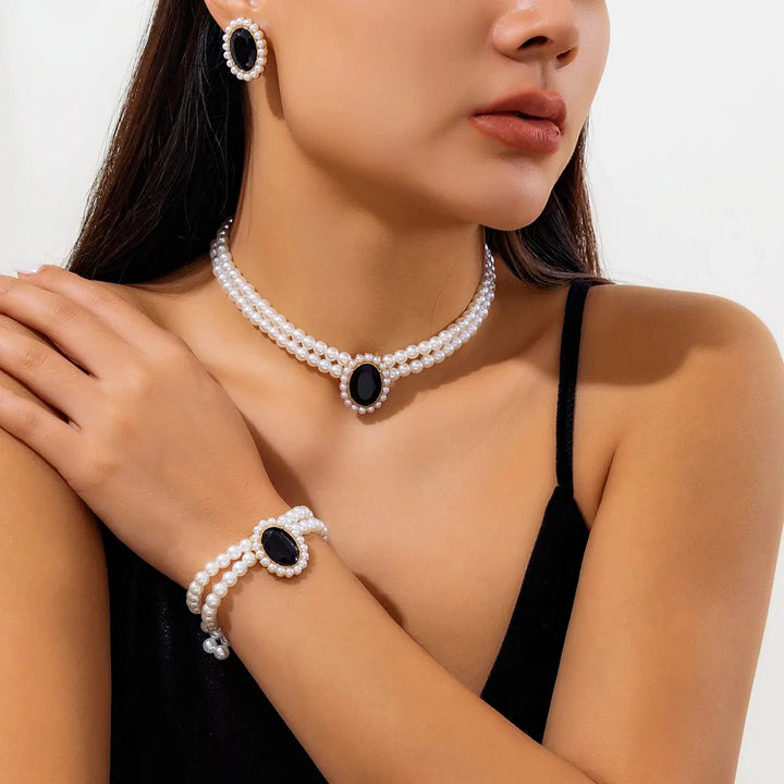BowLift | Elegant Oval Diamond Pearl Necklace, Bracelet, Earrings Set