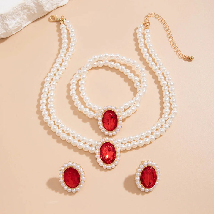 BowLift | Elegant Oval Diamond Pearl Necklace, Bracelet, Earrings Set