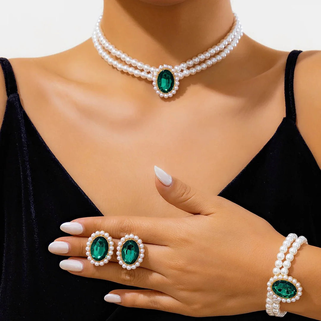 BowLift | Elegant Oval Diamond Pearl Necklace, Bracelet, Earrings Set