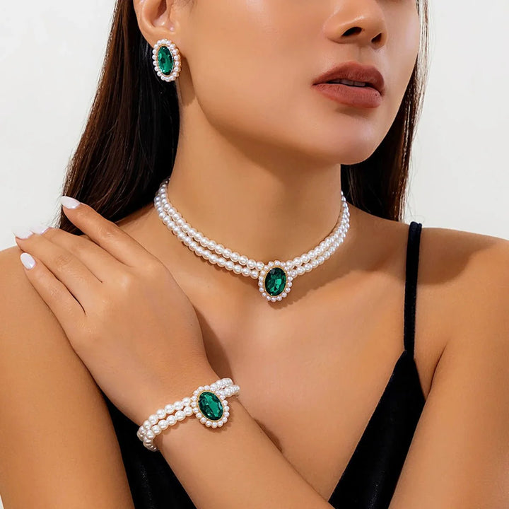 BowLift | Elegant Oval Diamond Pearl Necklace, Bracelet, Earrings Set