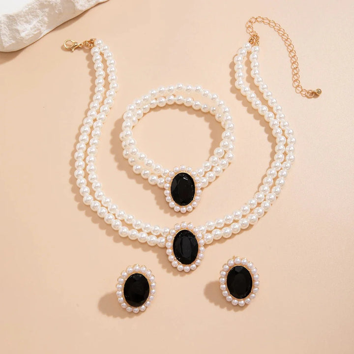 BowLift | Elegant Oval Diamond Pearl Necklace, Bracelet, Earrings Set