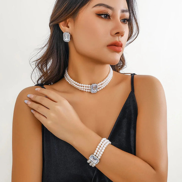 BowLift | Elegant Pearl Diamond Necklace, Bracelet, and Earring Set