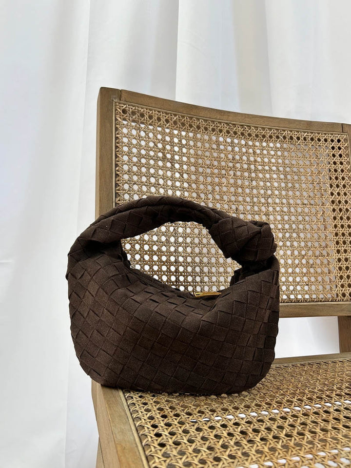 BowLift | Elsa – Stylish Mini Suede Bag with Woven Knot Design & Gold Accents