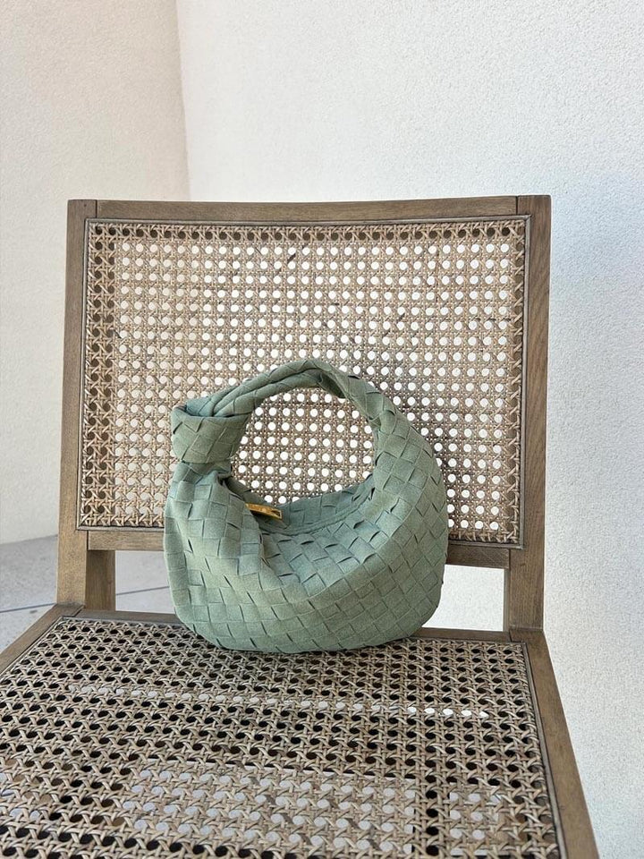 BowLift | Elsa – Stylish Mini Suede Bag with Woven Knot Design & Gold Accents