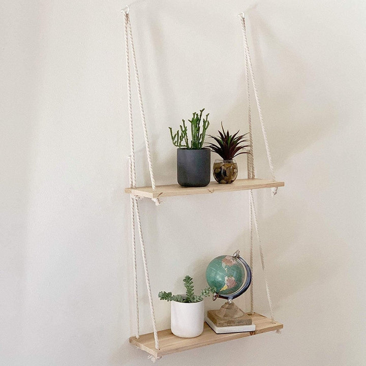 BowLift | Scandinavian Wood Hanging Shelf - Minimalist Floating Wall Shelf with String