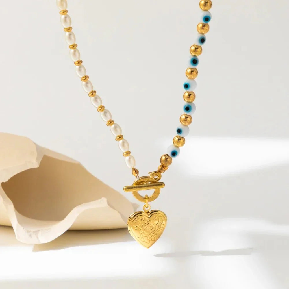 BowLift | Evil Eye Pearl Heart Locket Necklace