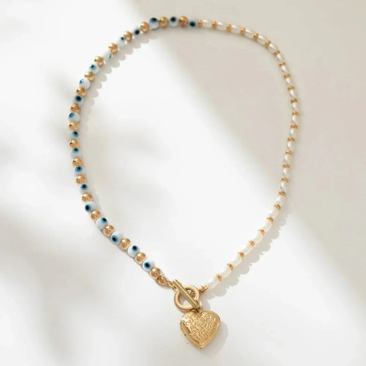 BowLift | Evil Eye Pearl Heart Locket Necklace
