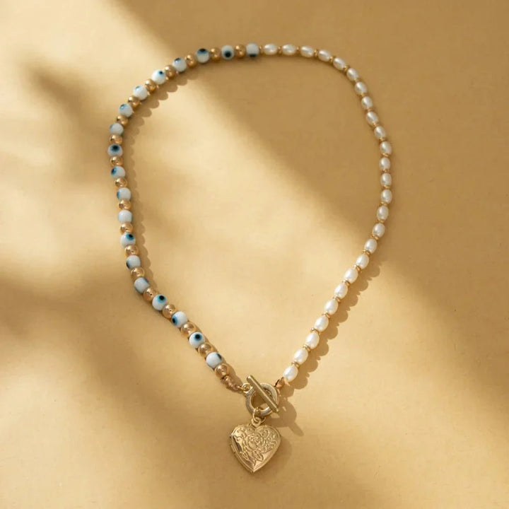 BowLift | Evil Eye Pearl Heart Locket Necklace