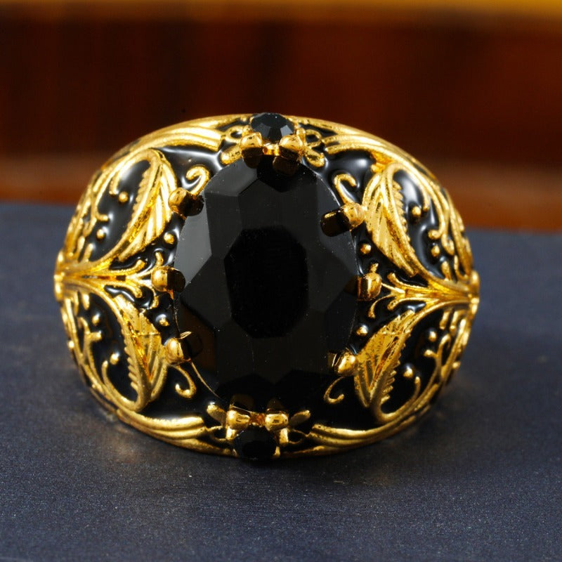 Engraved Mens Black Stone Ring Bowlift