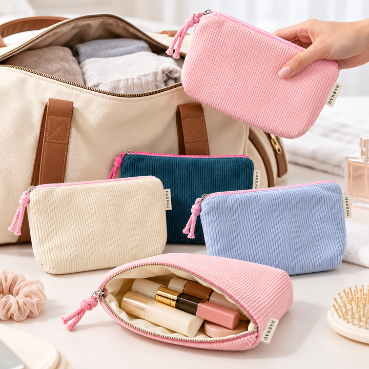 Corduroy Zip Cosmetic Pouch with Tassel Pull Bowlift