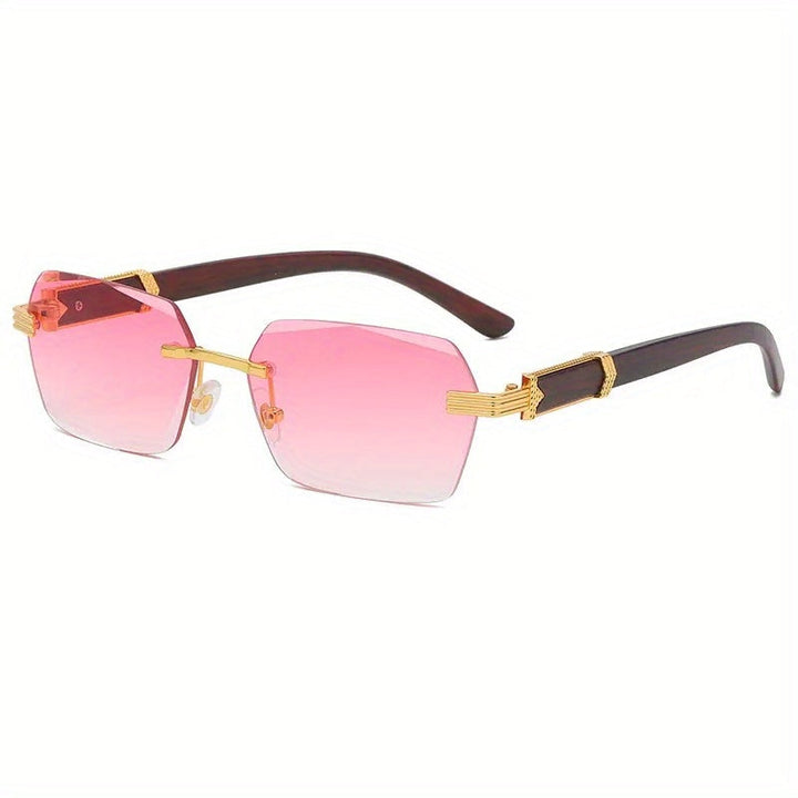 Rimless Sunglasses with Rectangular Lenses and Faux Wood Temples – Verro | Bowlift