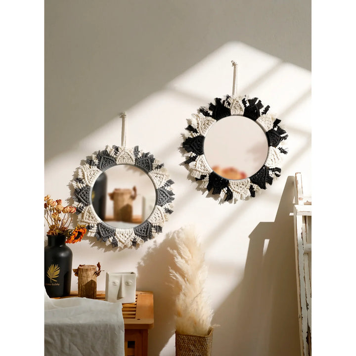 BowLift | Boho Macrame Decorative Mirror - Black and Gray Round Wall Decor