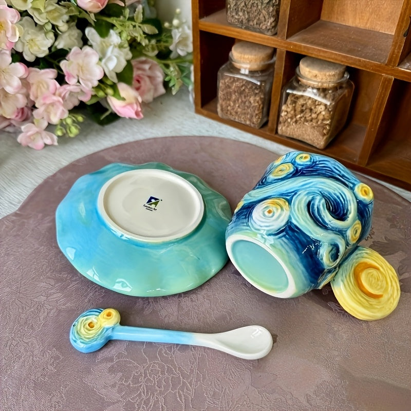 BowLift | ArtSip Ceramic Cup & Saucer Set – Hand-painted 3D Design inspired by Van Gogh