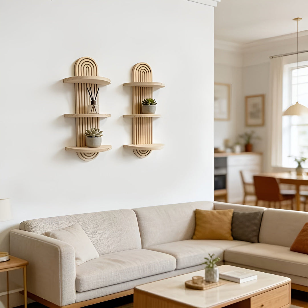 Boho Wall Shelf Made of Solid Wood – Multi-Tier and Space-Saving | For Living Room, Bedroom, and Hallway | Bowlift
