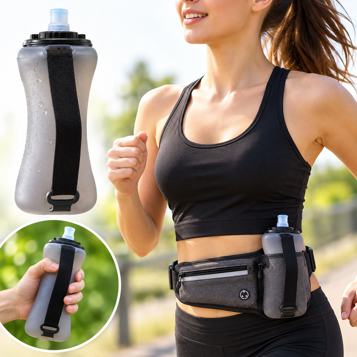Collapsible Silicone Handheld Running Water Bottle with Soft Nozzle and Elastic Carry Strap Bowlift