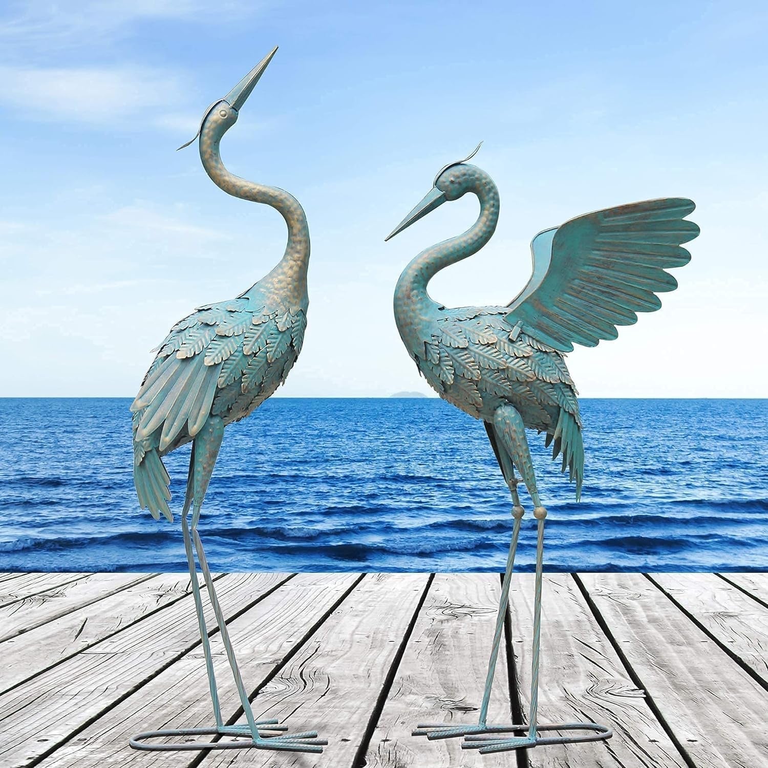 BowLift | 33-37 Inch Metal Crane Garden Statue Decor, Bird Garden Sculpture & Statues, Outdoor Decoration for Garden Patio Lawn Backyard Pool, Vintage Spreading Wings Crane, Set of 2