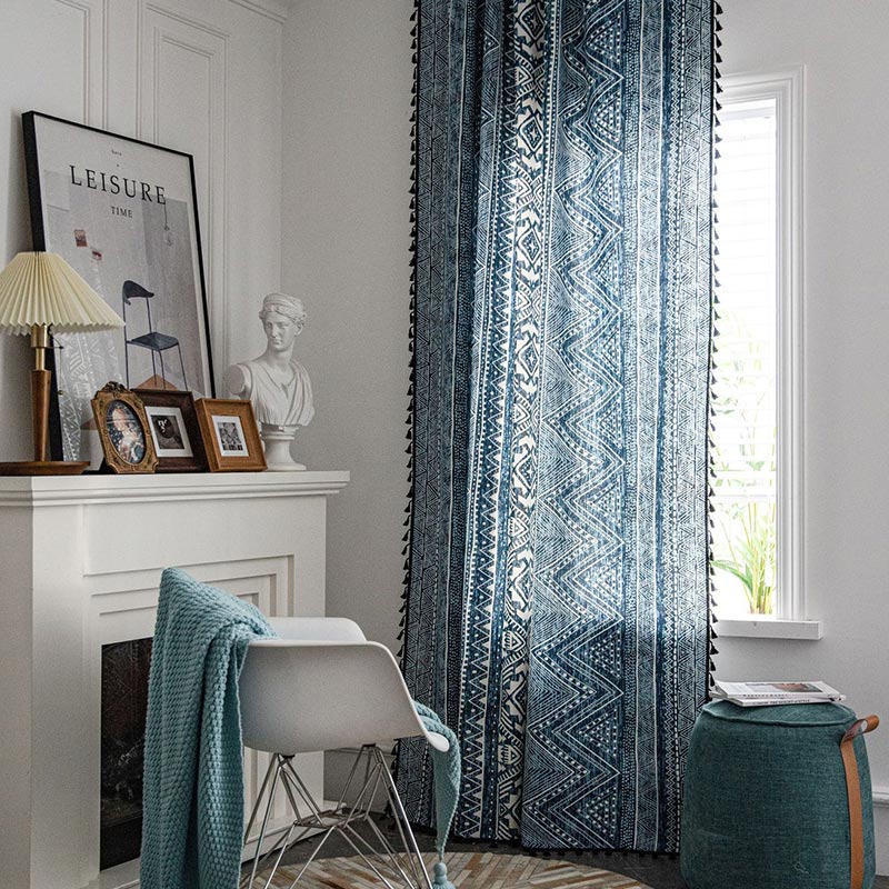 BowLift | Blue geometric pattern light-filtering curtain