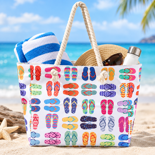 Large Canvas Rope-Handle Beach Tote Bag with Printed Flip-Flop Pattern Bowlift