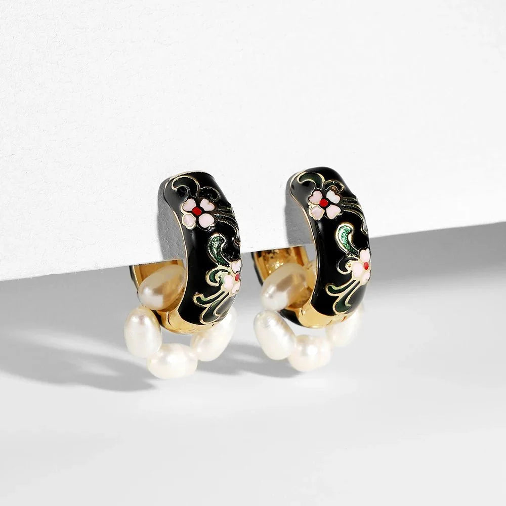 BowLift | Floral Elegance Pearl Enamel Hoop Earrings