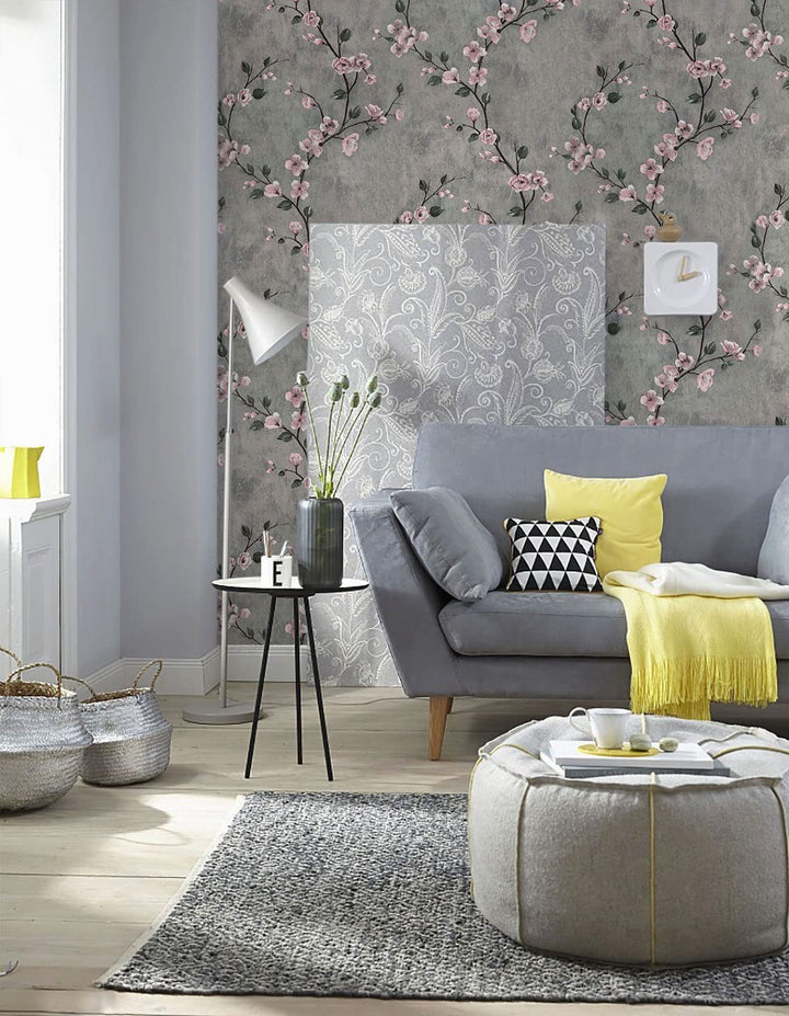 Floral Wallpaper Grey Peel and Stick Flower Self Adhesive Wall Paper | Bowlift