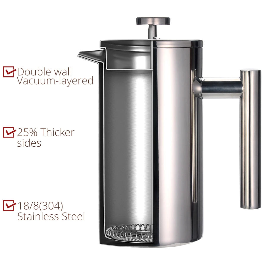 French Press Coffee Maker Double Wall Stainless Steel with Clip/Spoon | Bowlift