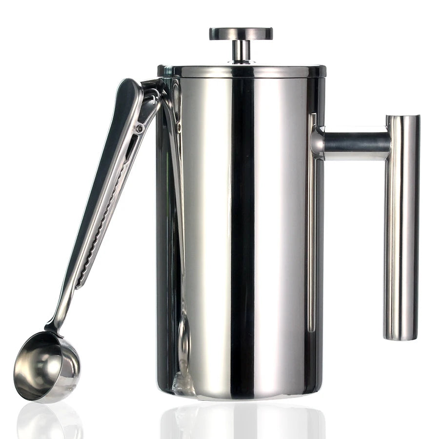 French Press Coffee Maker Double Wall Stainless Steel with Clip/Spoon | Bowlift