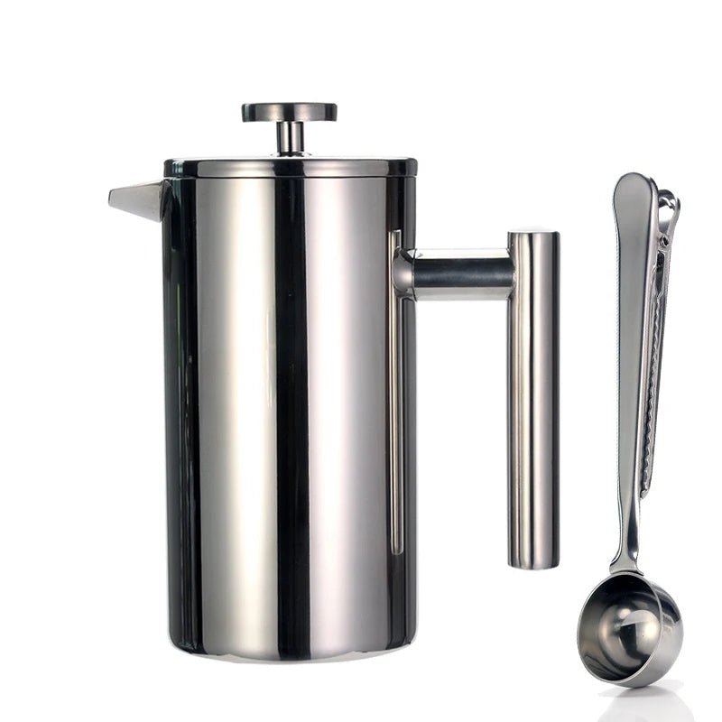 French Press Coffee Maker Double Wall Stainless Steel with Clip/Spoon | Bowlift