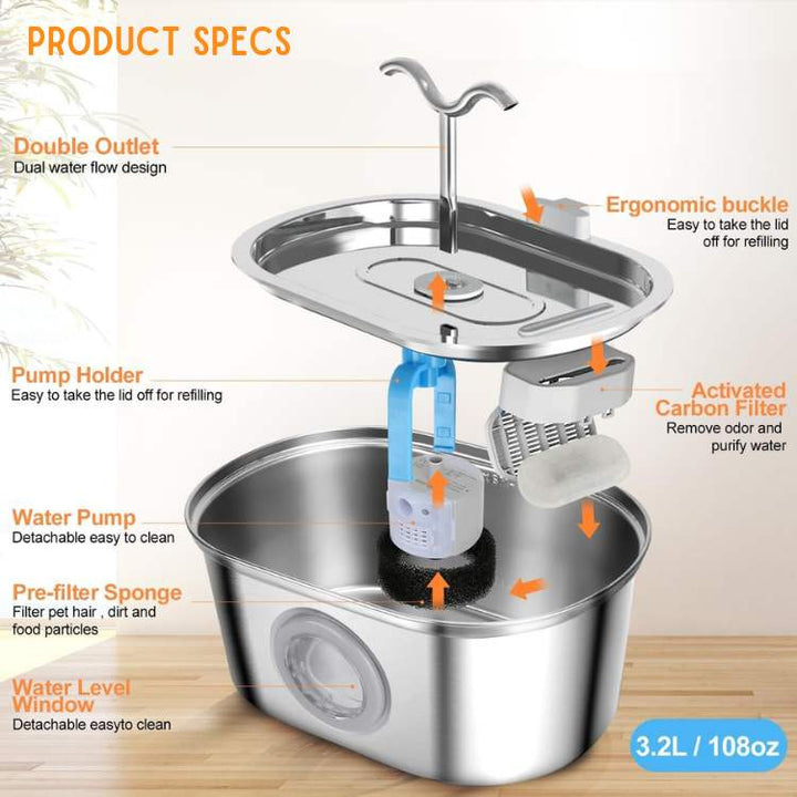 Cats Water Fountain made of Stainless Steel – Quiet, Hygienic and BPA-free – 2L Capacity | Bowlift