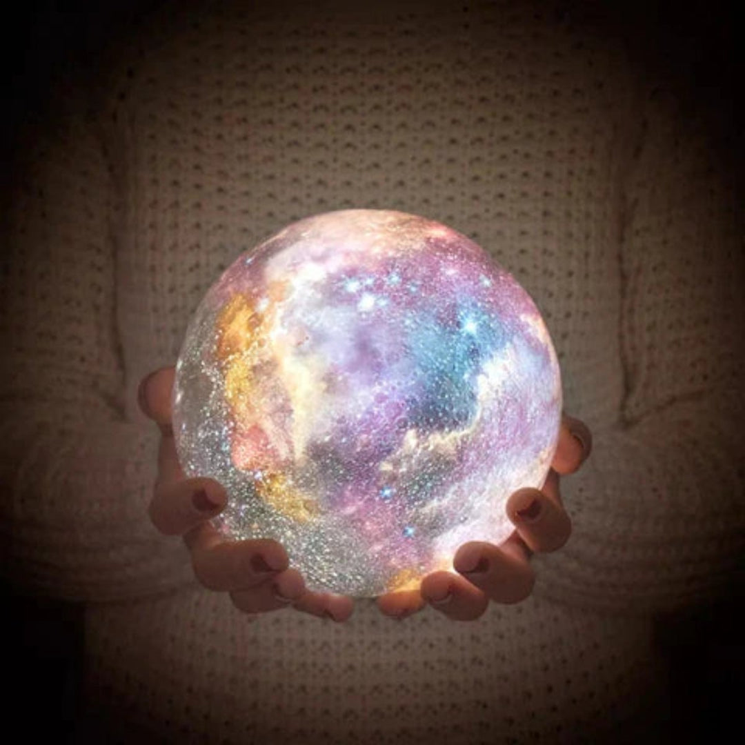 BowLift | Galaxy Moon Lamp – 3D Printed Lunar Light with 16 Colors, Wooden Stand & Remote Control