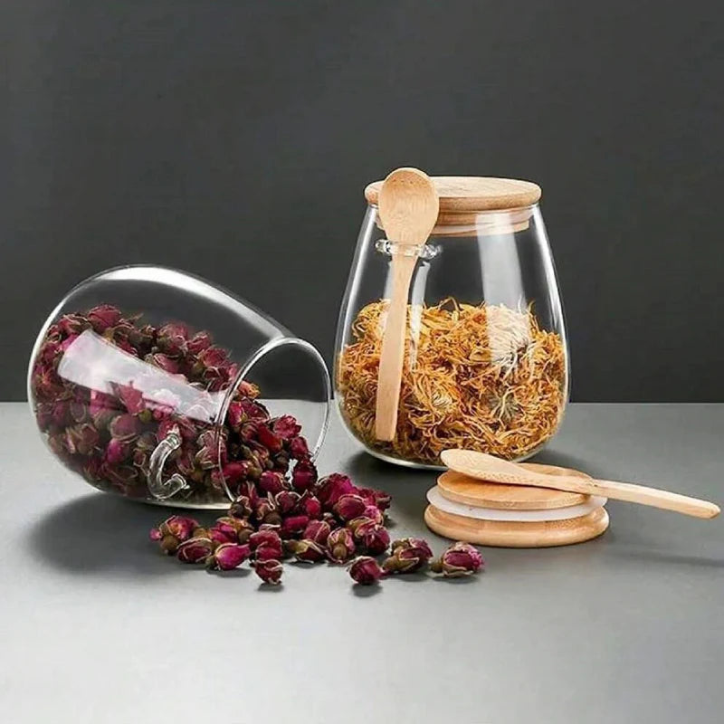 Glass Food Storage Jar with Airtight Wooden Lid and Spoon Container | Bowlift