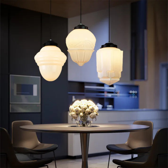 Vintage Geometric Hanging Lamp made of Matte Glass – Retro Pendant Light for Dining Room | Bowlift