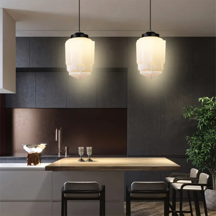Vintage Geometric Hanging Lamp made of Matte Glass – Retro Pendant Light for Dining Room | Bowlift