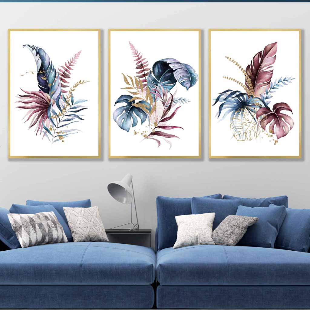 Botanical set of 3 pink and blue floral wall art prints | Bowlift