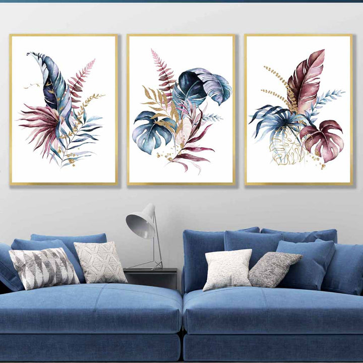 Botanical set of 3 pink and blue floral wall art prints | Bowlift