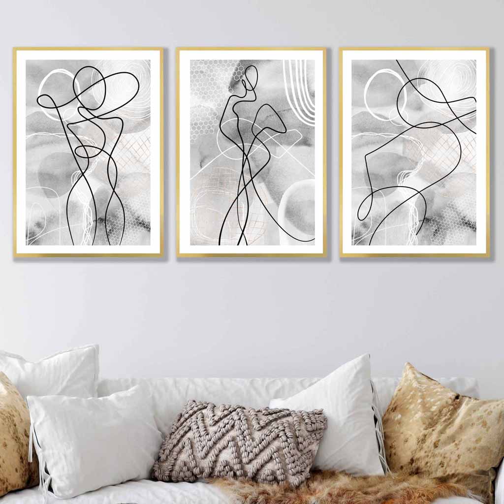 Abstract Set of 3 Fashion Line Art Wall Prints in Black & Gray | Bowlift