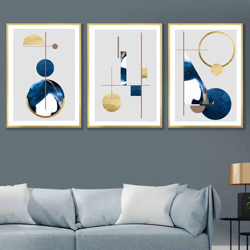 Abstract set of 3 textured geometric art wall art prints in navy blue and gold | Bowlift
