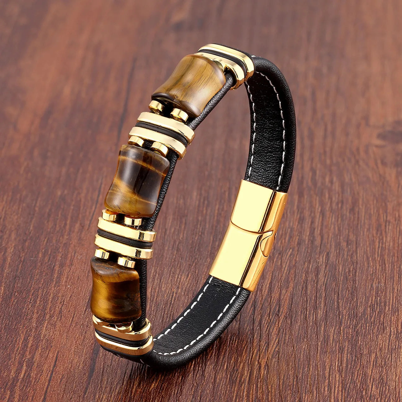BowLift | Bracelet Leather Gold | Tiger Eye Beaded Men’s Jewelry
