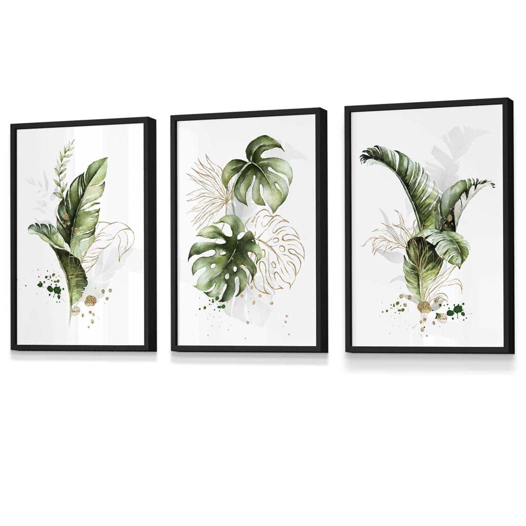 Botanical set of 3 green and gold flower wall art prints in frames | Bowlift