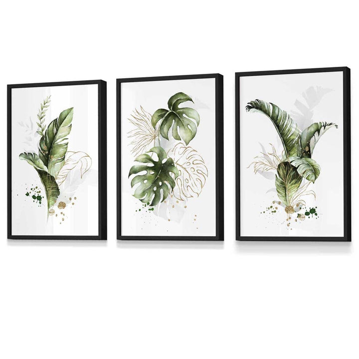 Botanical set of 3 green and gold flower wall art prints in frames | Bowlift