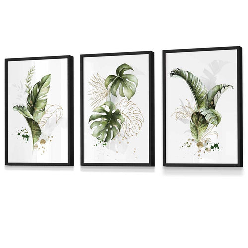 Botanical set of 3 green and gold flower wall art prints in frames | Bowlift
