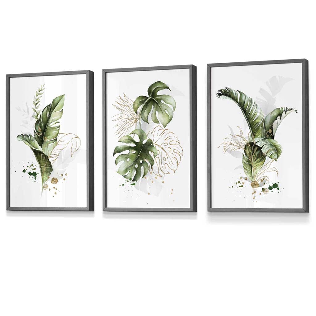 Botanical set of 3 green and gold flower wall art prints in frames | Bowlift