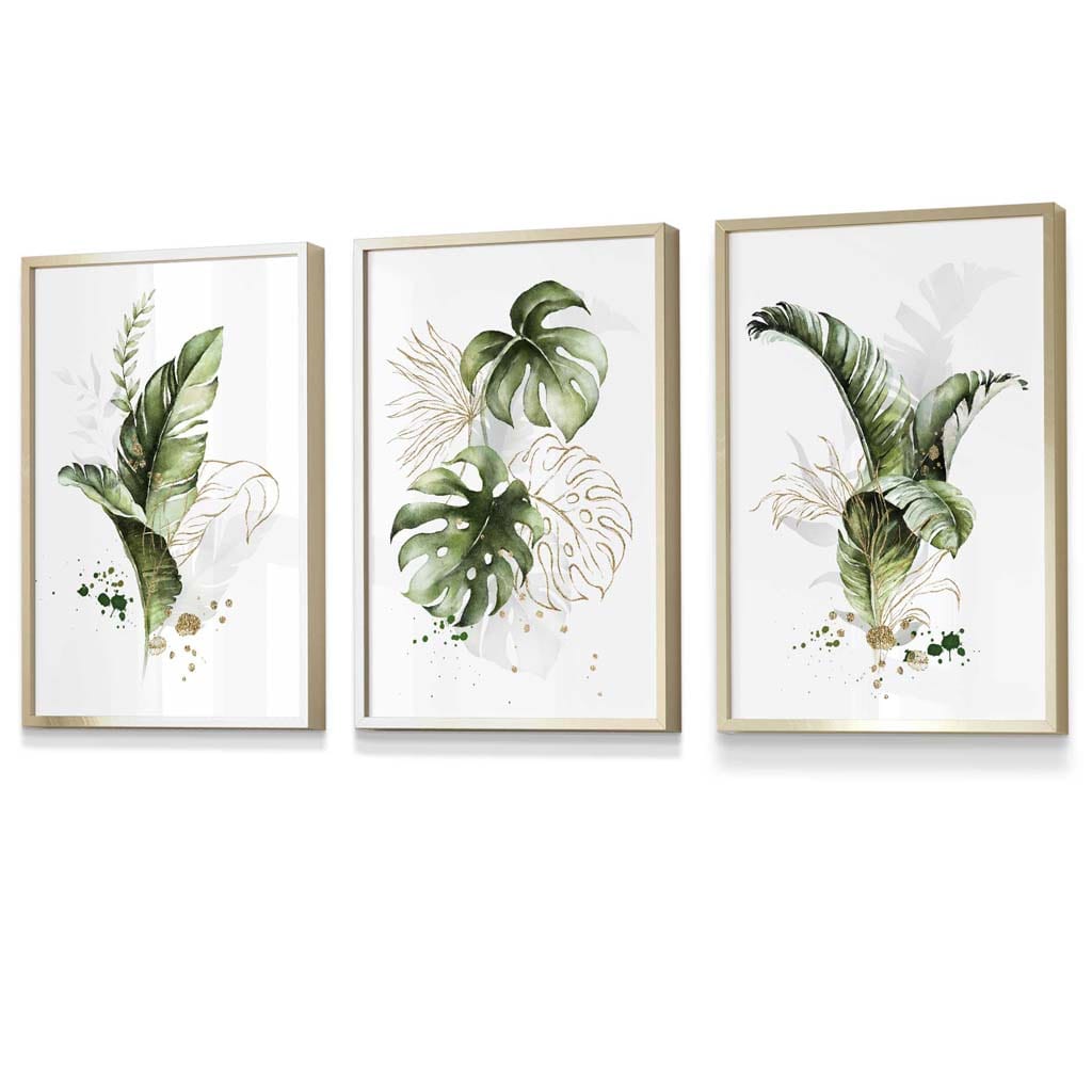 Botanical set of 3 green and gold flower wall art prints in frames | Bowlift