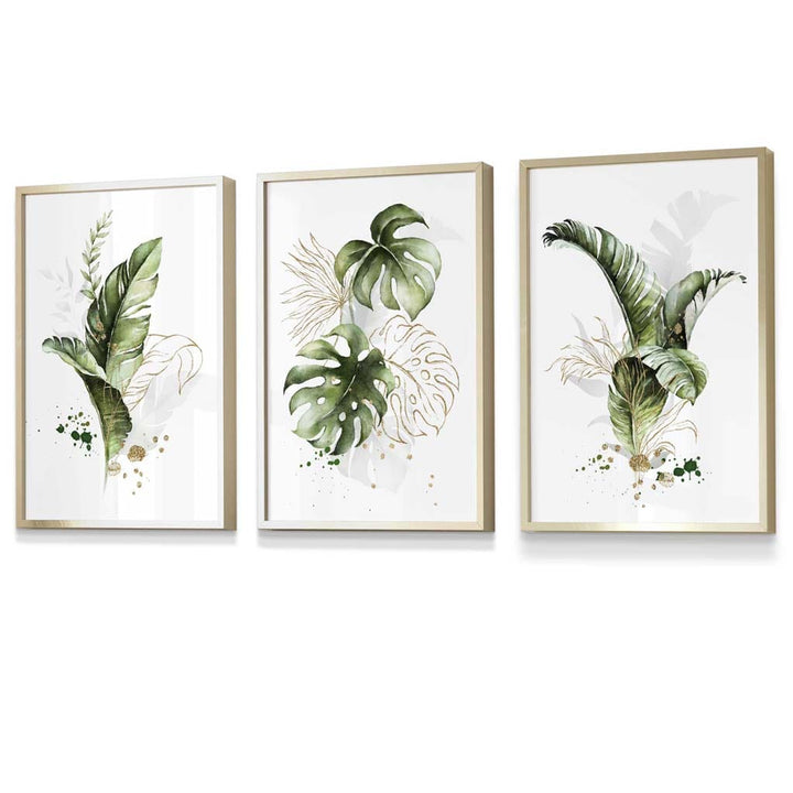 Botanical set of 3 green and gold flower wall art prints in frames | Bowlift