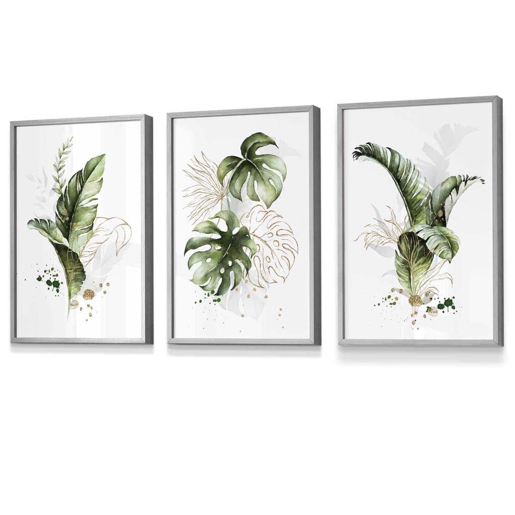 Botanical set of 3 green and gold flower wall art prints in frames | Bowlift