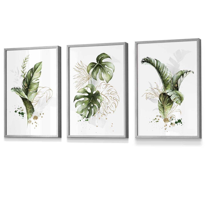 Botanical set of 3 green and gold flower wall art prints in frames | Bowlift