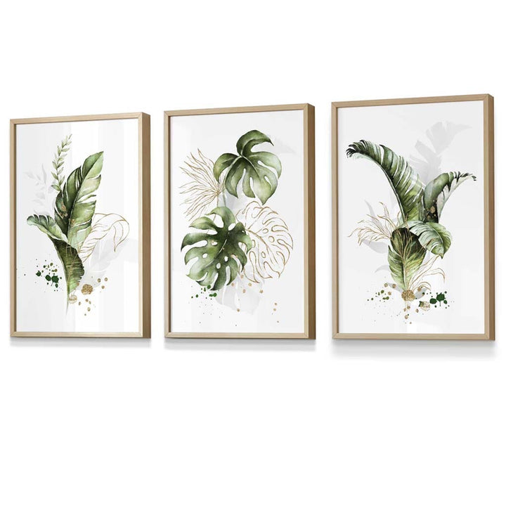 Botanical set of 3 green and gold flower wall art prints in frames | Bowlift