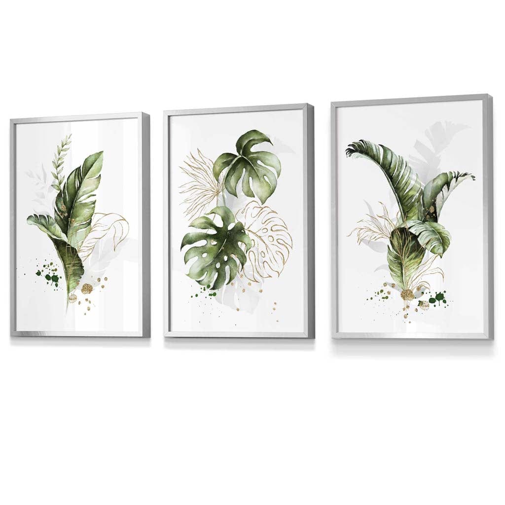 Botanical set of 3 green and gold flower wall art prints in frames | Bowlift