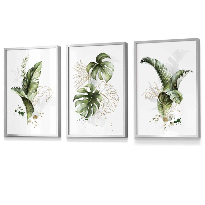 Botanical set of 3 green and gold flower wall art prints in frames | Bowlift